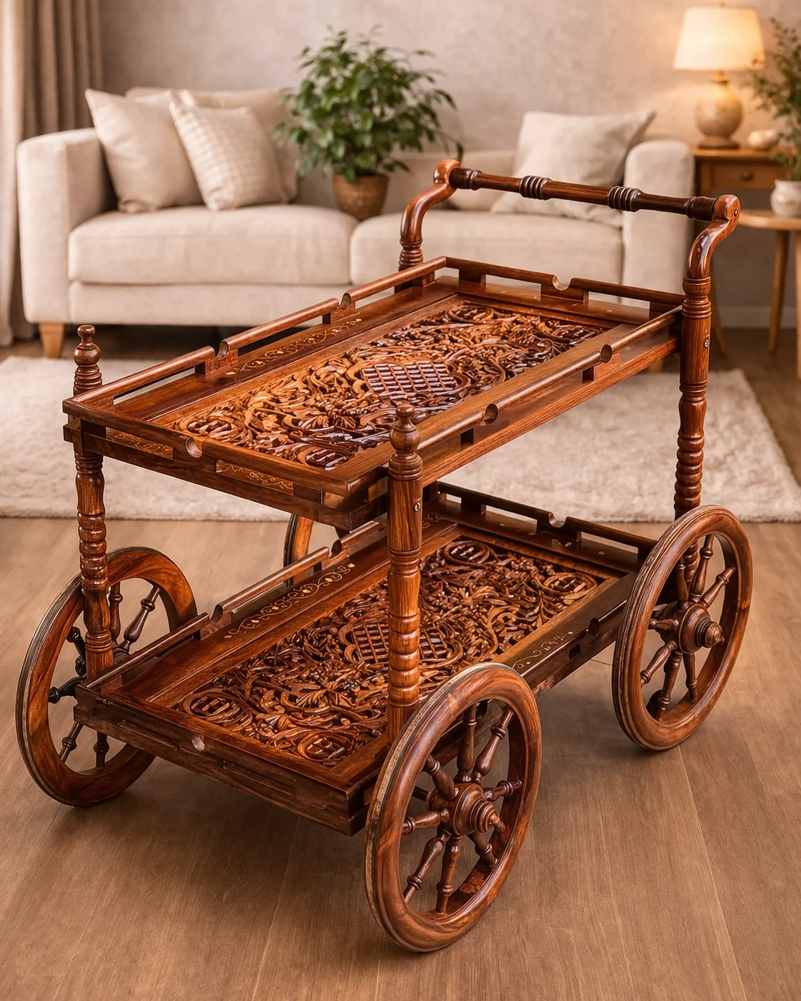 Carved Wooden Serving Trolley (TeaBar Cart)