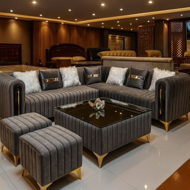 Grey Luxury Sofa Set with Ottomans