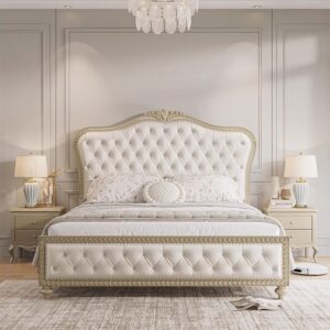 Ivory Diamond‑Tufted King Size Bed