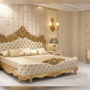 Luxury Gold Tufted King Size Bed Set (Cream)