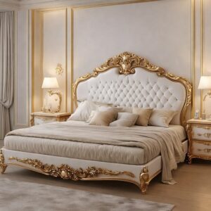 Luxury White & Gold King Size Bed