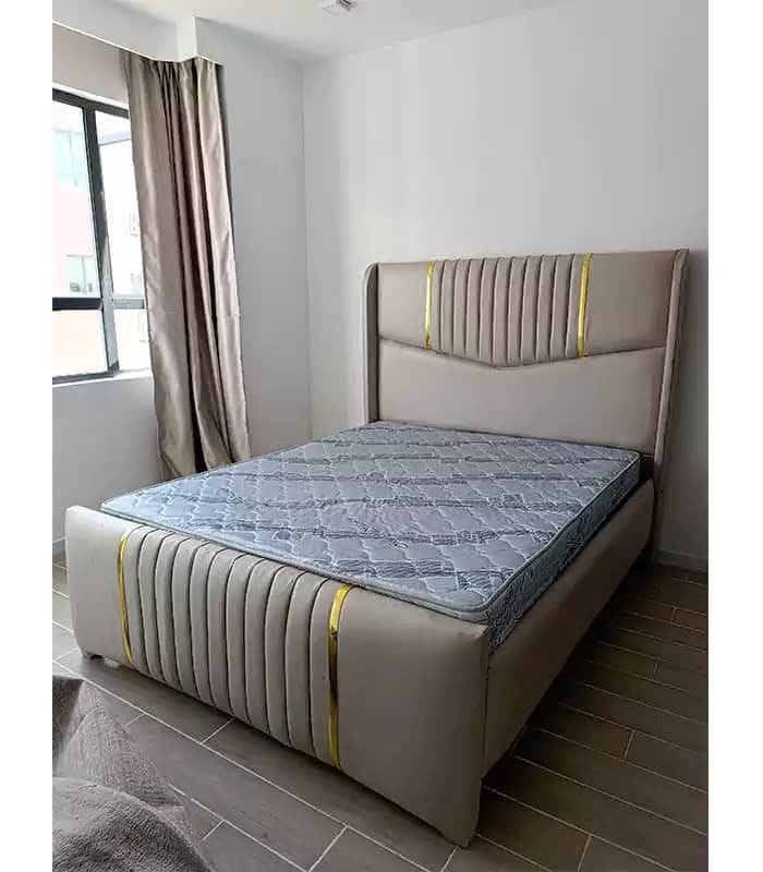 Modern King Size Upholstered Bed with Gold Stripes