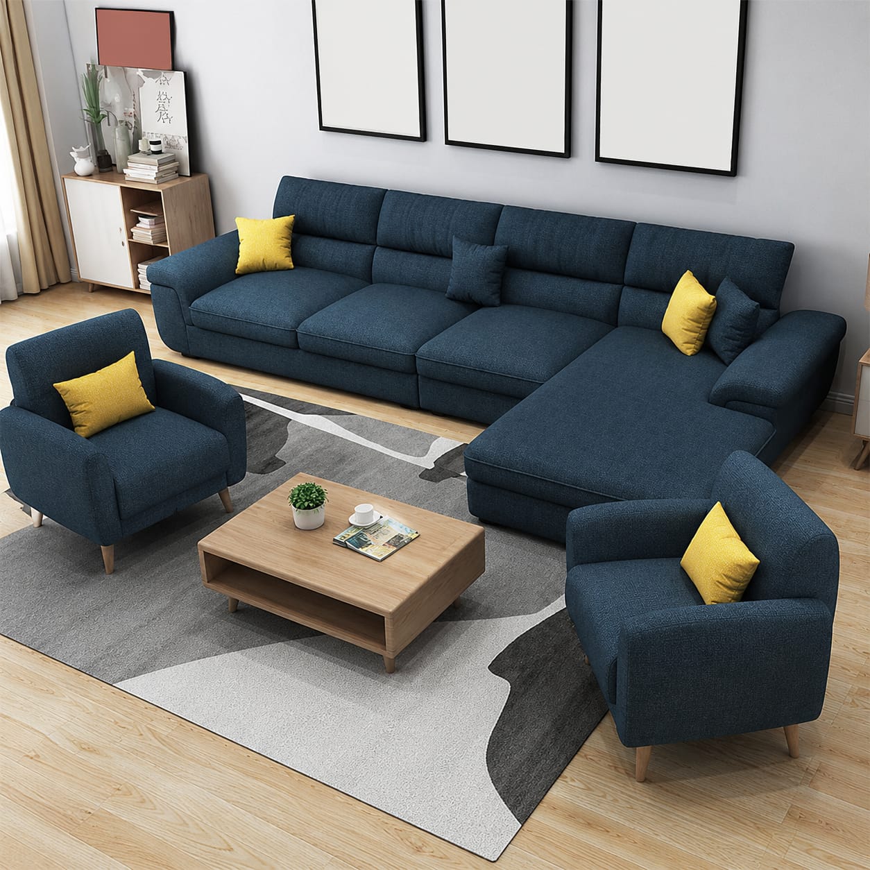 Modern L Shape 6 Seater Sofa Set with Accent Chairs