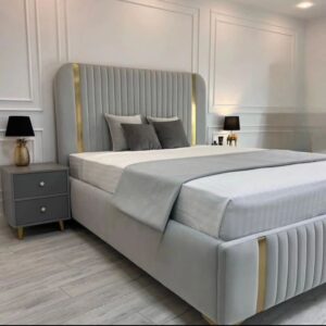 Modern Upholstered Bed (Grey & Gold)