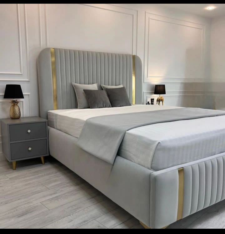 Modern Upholstered Bed (Grey & Gold)