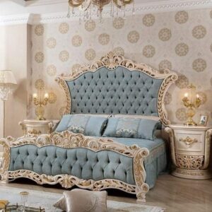 Royal Blue King Size Bedroom Set – Luxury Carved Bed