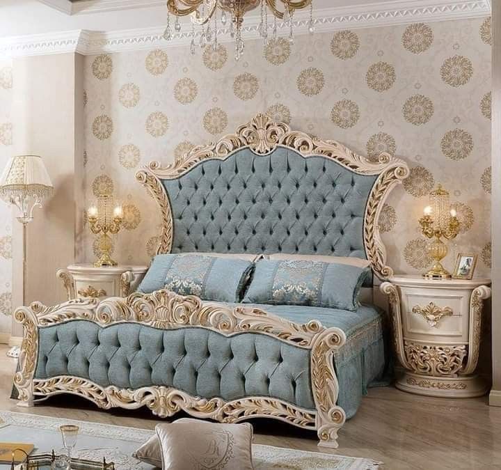 Royal Blue King Size Bedroom Set – Luxury Carved Bed