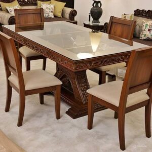 Solid Wood 6 Seater Glass Top Dining Table Set