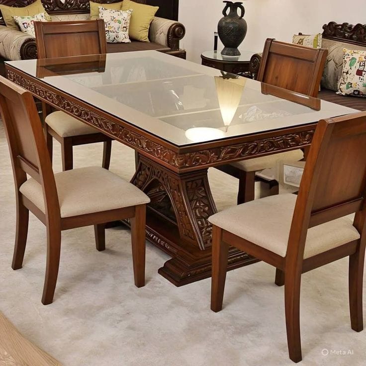 Solid Wood 6 Seater Glass Top Dining Table Set
